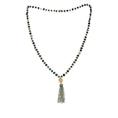 #ad HSN Joya 14K Yellow Gold over Sterling 40 1 2quot; Green Agate Tassel Drop Necklace $249.99