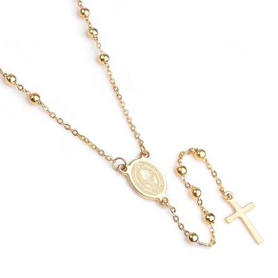 #ad 18 Karat Gold Plated Rosary Beaded Catholic Necklace Chain Cross Virgin Mary 21quot; $8.58