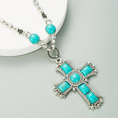 #ad Boho Turquoise Stone Cross Necklace with 22quot; plus 2#x27; extender $8.50