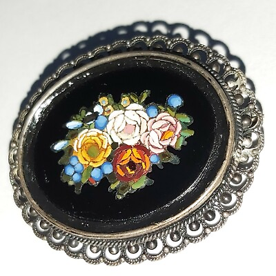#ad RARE Antique Victorian Italian Micro Mosaic Micromosaic Floral Brooch  $175.00