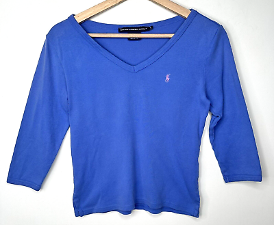 #ad Ralph Lauren Sport Girls Shirt 3 4 Sleeve V Neck Cotton Top Blue Size Small $14.99