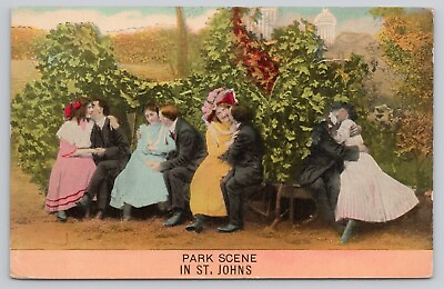 #ad Postcard Park Scene in St Johns Canada Four Couples Lovers c1911 $11.50