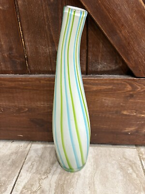 #ad Vintage Hand Blown 17” Glass Vase Stunning Colors Green Blue And White $32.00