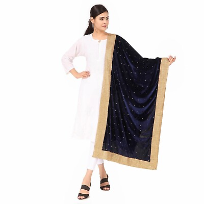 #ad Women#x27;s Velvet Embellished Dupatta All Over Crystal Work party Wear Scarf Chunni $24.49