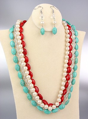 #ad STYLISH 4 Strands Turquoise Coral Stones Pearls Crystals Layered Necklace Set $19.99