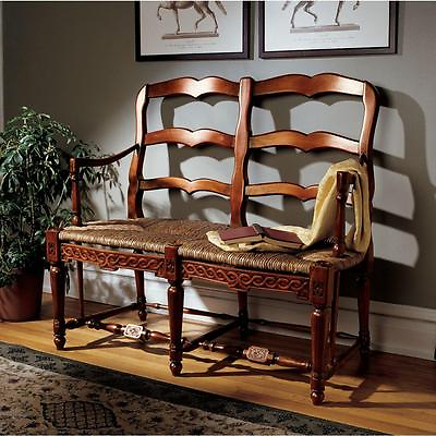 #ad 44quot; Solid Mahogany Natural Woven Rush French Country Charm Ladderback Settee $1849.85