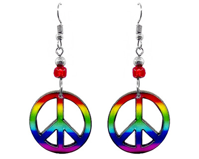 #ad Rainbow Peace Sign Earrings Hippie Symbol Dangles Retro Fashion Handmade Jewelry $13.99