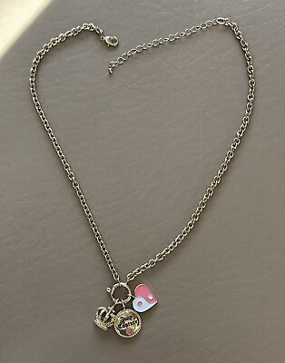 #ad Juicy Couture Y2K Gold Tone Charm Necklace Crown Yin Yang Heart Pink $18.00