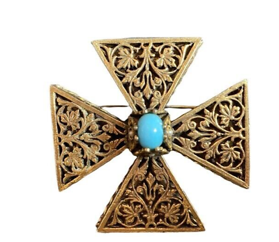 #ad Vintage ACCESSOCRAFT  N.Y.C  Maltese Cross Turquoise Pearls Brooch Pin Signed  $58.00