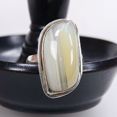 #ad Vtg Banded Agate Silver Ring Sterling 925 Grey White Stripes Chunky Unisex Retro GBP 19.99