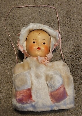 #ad Antique Vintage Pink and White Fluffy Childs Muff with Antique Doll Head $42.50