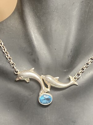 #ad Sterling Silver Dolphin Pendant With Beautiful Blue Stone 16” Rolo Necklace $39.99