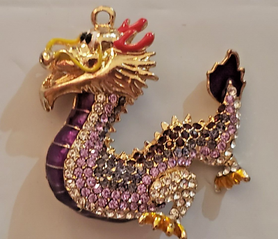 #ad Crystal Purple Dragon 3D Gold Pendant Necklace moveable head and feet $18.00