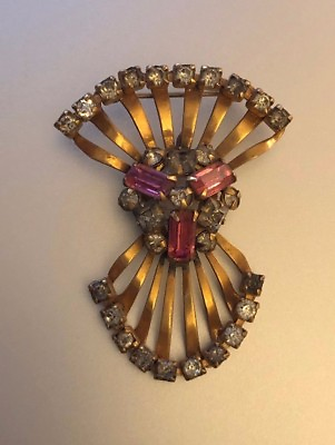 #ad Vintage 12K Gold Filled Pink amp; Clear Rhinestones Pin Brooch Pendant $55.00