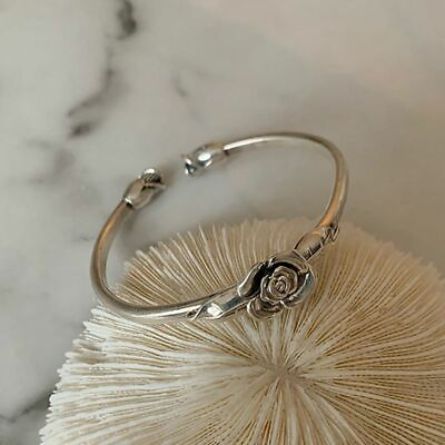 #ad 925 Sterling Silver Retro Rose Cuff Bangle Vintage Flower Women Jewelry Bracelet $7.01
