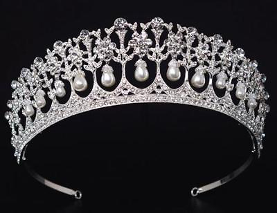 #ad Vintage Silver Plated Queen Princess Diana Crown Crystal Pearl Bride Tiara $13.70