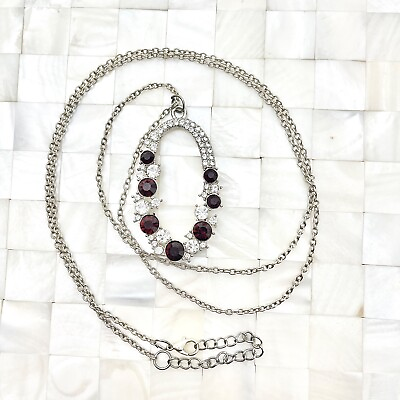 #ad Dark Red amp; White Rhinestone Oval Pendant Necklace The Vintage Strand Lot #9199 $3.74