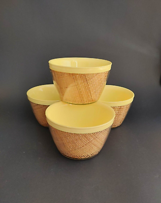 #ad Vintage MCM Raffia Ware Bowls Yellow Burlap Plastic Thermal Insulated Set of 4 $15.95