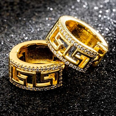 #ad Yellow Gold Plated Sterling Silver Iced Greek Key Fashion Huggie Hoop Earrings $299.99