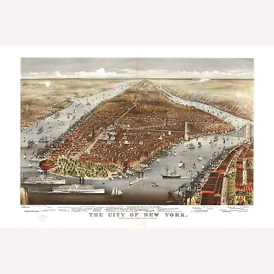 #ad Map of New York City; Lower Manhattan; Antique Bird#x27;s Eye Map 1876 $39.99