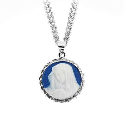 #ad Dark Blue Sterling Silver Our Lady of Sorrows Cameo Medal Necklace 18 In $141.70