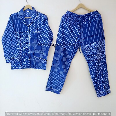 #ad Women#x27;s Blue Sleepwear Indigo Print Pure Cotton Indian Ethnic Top Pajama set $40.41