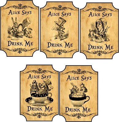#ad 20 ALICE IN WONDERLAND DRINK ME PARTY LABELS GLOSSY LAMINATED CUT READY TO USE $10.95
