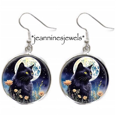 #ad Black Cat Full Moon EARRINGS Boho ART PRINT Halloween Gift Silver Charm Dangle $21.99