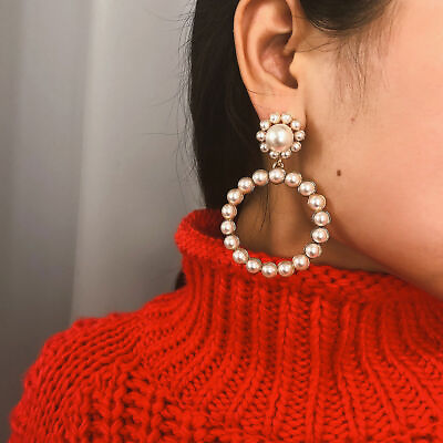 #ad Fashion Women Crystal Pearl Circle Statement Drop Earrings Dangle Wedding Gifts C $3.95