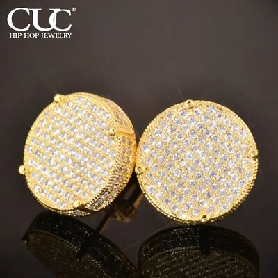 #ad 14MM Big Round Cubic Zirconia Stud Earring Gold Tone Hip Hop Jewelry Gift $37.98