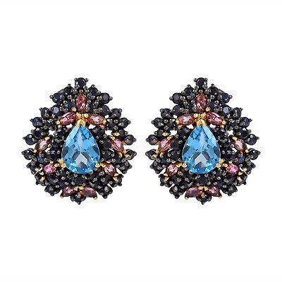 #ad Blue Topaz Blue Sapphire Pink Sapphire Earrings Sterling Silver Fine Jewelry $225.00