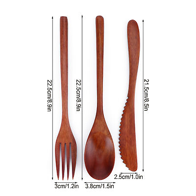 #ad Wooden Cutlery Set Spoon Fork Knife Wood Flatware Dinnerware Tableware With D UT $7.71