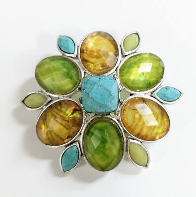 #ad Green Yellow Teal Rhinestone Flower Brooch Silver Toned LC Signed $24.99