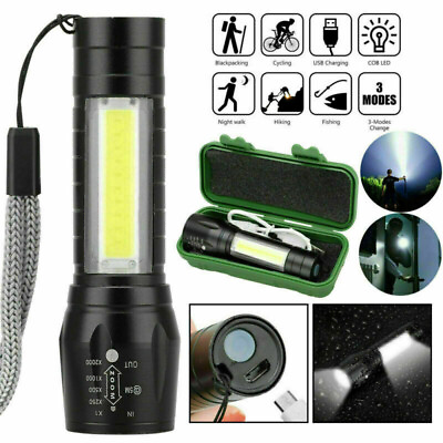 #ad 1 2x Mini COB LED Torch USB Rechargeable Flashlight Police Zoomable Hiking Light $6.78
