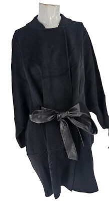 #ad 3749 St John Coat Womens Black Wool Angora Batwing Leather Tie Hand Knit L NWT $399.99