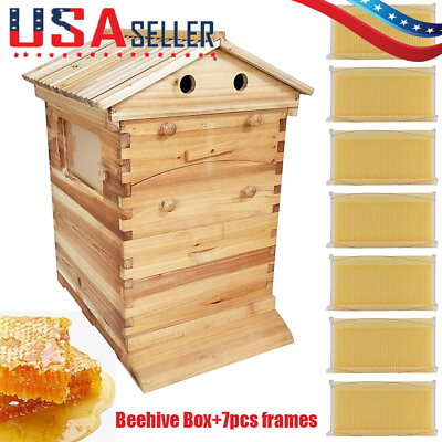 #ad Bee Hive Beekeeping Brood Wooden House Box amp;7PCS Flow Auto Beehive Frames set $192.66