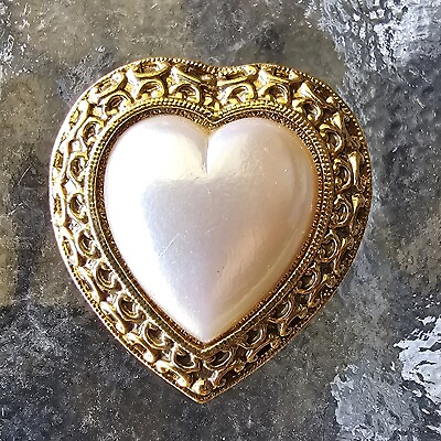 #ad 1928 Collection Faux Pearl Heart Brooch Antique Gold Tone $11.11