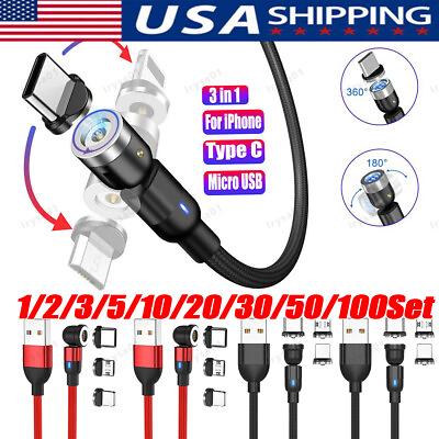 #ad 180°360° Rotate Magnetic Charger Cable Phone Fast Charging Type C Micro USB Lot $346.85