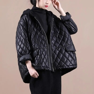 #ad Casual Loose Womens Black PU Hoodie Padded Jacket Winter Warm Outwear Short Coat $45.22