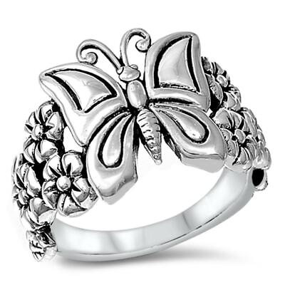 #ad Sterling Silver Womans Butterfly Flower Ring Beautiful 925 Band 16mm Sizes 4 12 $16.79