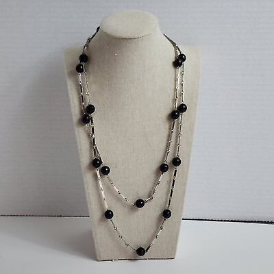 #ad Continuous Faceted Black Beaded And Silver Tone Bar Chain Link Necklace 48quot; $7.48