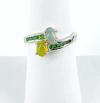 #ad Estate Double Opal Green Emerald? Channel Stones Ring Size 7 925 Sterling Silver $89.68