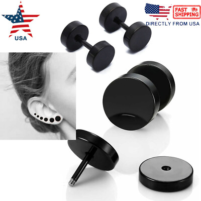 #ad Black Stud Earrings Women Faux Gauges Ear Tunnel Stainless Steel Earrings $5.88