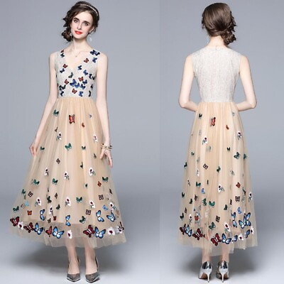 #ad Women Butterfly Embroidery Lace Mesh Long Dress Sleeveless V Neck Elegant $41.04