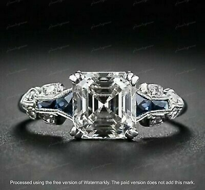 #ad 2.80Ct Asscher Cut Lab Created Diamond amp; Sapphire Ring 14K White Gold Finish $72.00