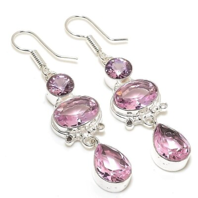 #ad Pink Tourmaline Gemstone Handmade 925 Sterling Silver Jewelry Dangle Earring $129.99