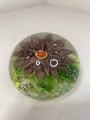 #ad Vintage Flower Art Blown Glass Paperweight Purple Flower Green Leaves $24.99