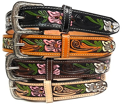 #ad Women#x27;s Western Leather Belt Floral Embossed Cowgirl Rodeo Hand Tooled Belt $24.99