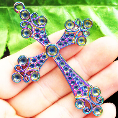 #ad Q13150 Rainbow Tibetan Silver Cross Pendant Bead 75x53x2mm $10.78