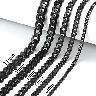 #ad 3 5 7 9 11mm Cuban Curb Mens Necklace Black Stainless Steel Link Chain 18quot; 30quot; $10.44
